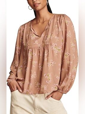 LUCKY BRAND Taupe Floral Peasant Top-Boho Blouse- Size Small NWT
